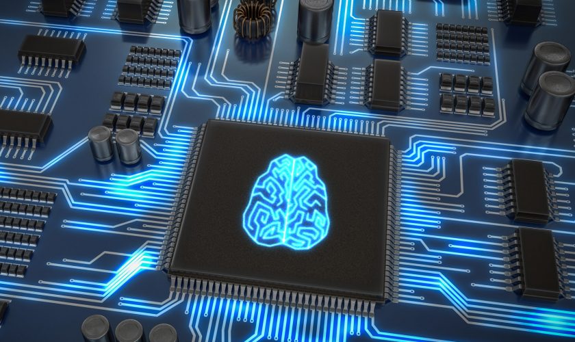 Artificial intelligence electronic circuit. Microchip with glowi
